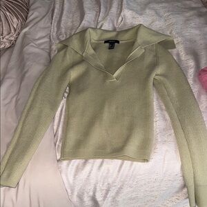 Forever 21 Pale Green Ribbed V‑Neck Collared Sweater